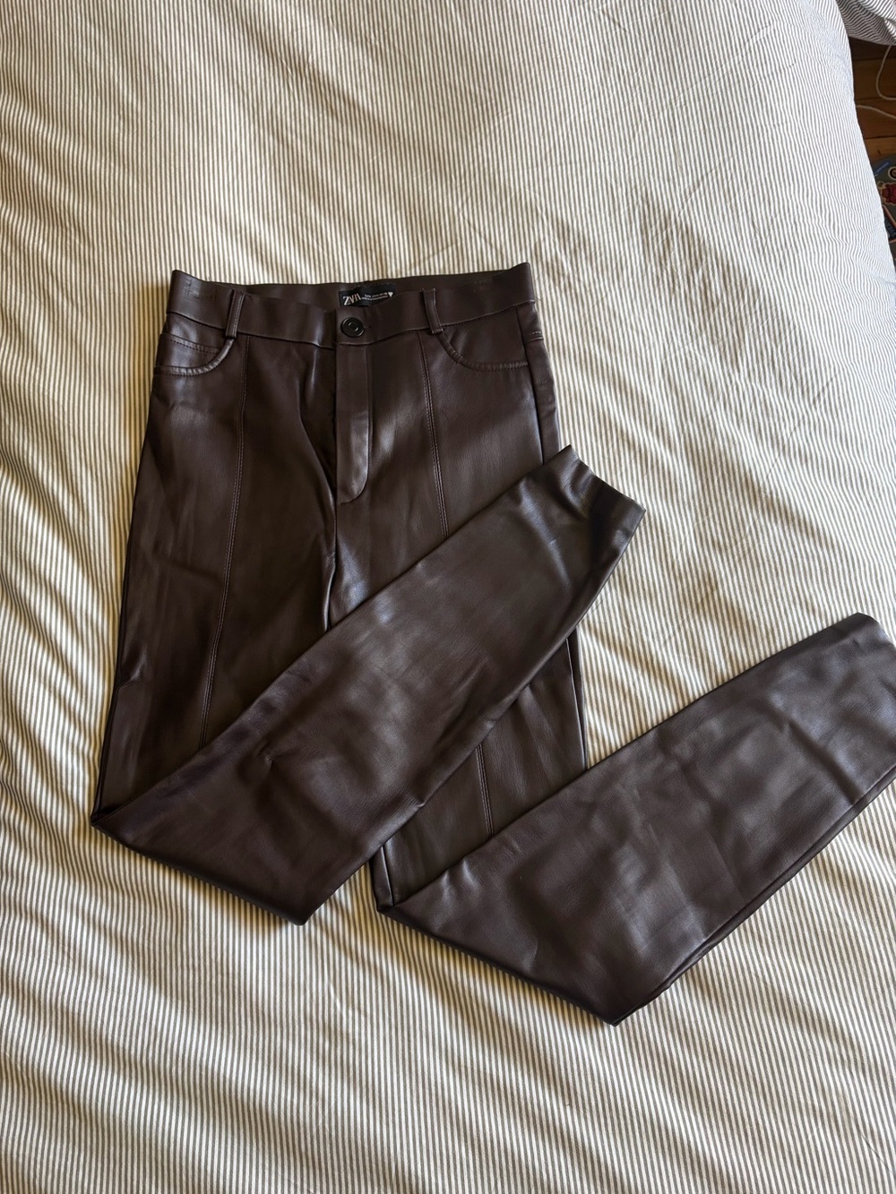 Zara Dark Brown Faux Leather Pants with Red Accent Nails